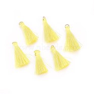 Polyester Tassel Pendant Decorations, with Golden Tone 304 Stainless Steel Findings, Yellow, 32~37x6x4mm, Hole: 4.5mm(FIND-L003-A10)