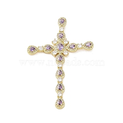 Real 18K Gold Plated Brass Micro Pave Cubic Zirconia Pendants, with Glass, Cross, Medium Purple, 68.5x46x7mm, Hole: 2.5x4mm(KK-A209-03B-G)