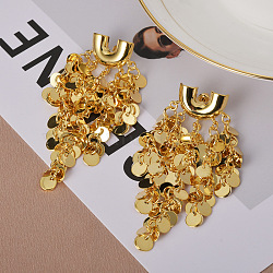 Glitter Brass Tassel Glossy Flakes Stud Earrings, Real 22K Gold Plated, 85x30mm(EJEW-Q391-18G)