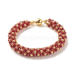 Glass Seed Beaded Bracelet with Brass Magnetic Clasp, Braided Bracelet for Women, Dark Red, 7-1/2 inch(19cm)(BJEW-JB07802-01)