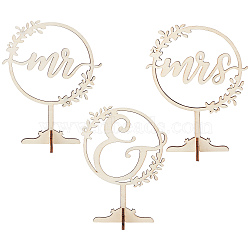 Wood Table Top Display Decorations, Mr & Mrs Signs, for Wedding Decoration, BurlyWood, 7.5~8.2x5.5~6.5x0.5cm, 3 style, 1pc/style, 3pcs/set(ODIS-WH0046-02)