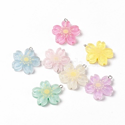 Transparent Resin Pendants, with Platinum Tone Iron Loops and Glitter Powder, Flower Charms, Mixed Color, 29x27x5.5mm, Hole: 2mm(RESI-G046-07P)