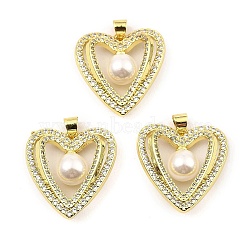 Rack Plating Real 18K Gold Plated Brass Pendants, with Cubic Zirconia & Plastic Imitation Pearl, Long-Lasting Plated, Lead Free & Cadmium Free, Heart, Seashell Color, 24x22x7.5mm, Hole: 5x3.5mm(KK-B077-11G)