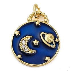 Brass Micro Pave Cubic Zirconia Pendants, with Enamel, Real 18K Gold Plated, Flat Round Charms, Moon, 18.5x15.5x2.3mm, Hole: 3.4mm(KK-K339-03B-G)