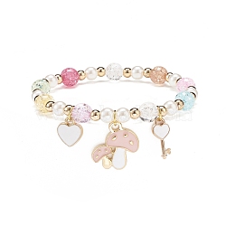 Colorful Alloy Enamel Cute Charms Bracelet, Plastic Pearl & Acrylic & Synthetic Hematite Round Beaded Bracelet for Women, Mushroom Pattern, Pendant: 12~19.5x7~18.5x2~2.5mm, Inner Diameter: 2-1/8 inch(5.5cm)(BJEW-JB08661-02)