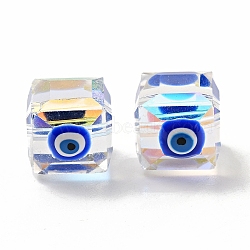 Transparent Glass Beads, with Enamel, Faceted, Cube with Evil Eye Pattern, Blue, 10~11x9x10mm, Hole: 1.6mm(GLAA-F121-15B)