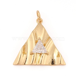 Brass Micro Pave Clear Cubic Zirconia Textured Pendants, with Jump Rings, Long-Lasting Plated, Triangle, Golden, 21.5x22x6mm, Jump Ring: 5x0.7mm, Inner Diameter: 3.6mm(KK-I668-02G)
