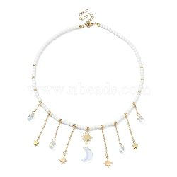 Brass  Moon & Star Charms Bib Necklace with Glass Beaded Chains, Golden, 15.47 inch(39.3cm)(NJEW-TA00101)