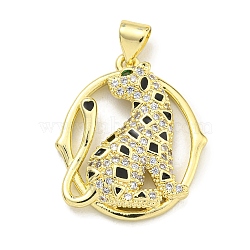 Brass Micro Pave Cubic Zirconia Pendants, Enamel Leopard with Ring Charms, Real 18K Gold Plated, 23x19.5x4mm, Hole: 4x3mm(KK-K354-16F-G)