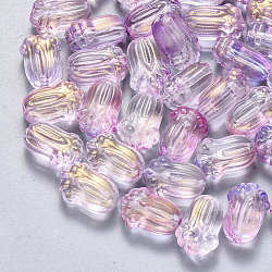 Transparent Spray Painted Glass Beads, with Glitter Powder, Pakchoi, Plum, 11x7.5x5.5mm, Hole: 1mm(GLAA-S190-004A-03)