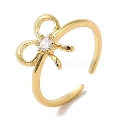 Brass Cubic Zirconia Solitaire Rings, Bowknot, Real 18K Gold Plated, Inner Diameter: 18mm(RJEW-R141-05G)