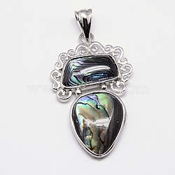 Abalone Shell/Paua Shell Pendants, with Brass Pendant Settings, teardrop, Platinum Metal Color, Colorful, 41x24x4mm, Hole: 7x4mm(SSHEL-F0001-02)