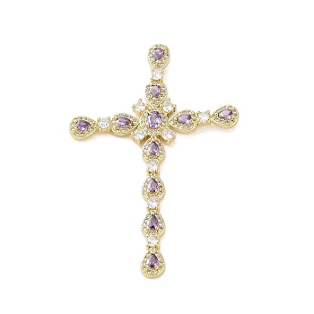 Real 18K Gold Plated Brass Micro Pave Cubic Zirconia Pendants, with Glass, Cross, Medium Purple, 68.5x46x7mm, Hole: 2.5x4mm