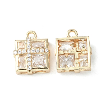 Brass Pave Cubic Zirconia Pendants, Light Gold, Gift Box Charm, Clear, 15x12.5x5mm, Hole: 1.6mm