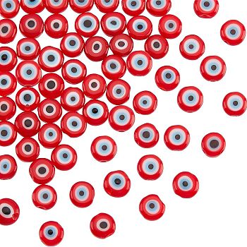 Handmade Evil Eye Lampwork Bead Strands, Flat Round, Red, 6x3mm, Hole: 1mm, about 65pcs/strand, 14''(35.56cm)