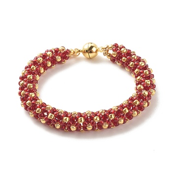 Glass Seed Beaded Bracelet with Brass Magnetic Clasp, Braided Bracelet for Women, Dark Red, 7-1/2 inch(19cm)