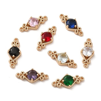 Brass Pave Cubic Zirconia Connector Charms, Rhombus Links, Light Gold, Mixed Color, 6.5x16x3.5mm, Hole: 1mm