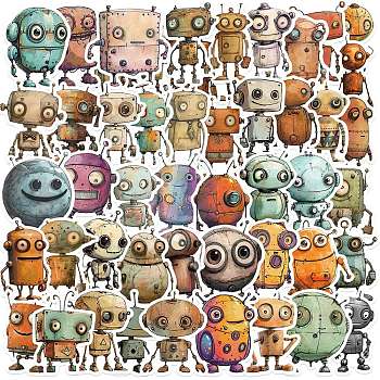 50Pcs Cartoon Robot Paper Self-Adhesive Picture Stickers, for Water Bottles, Laptop, Luggage, Cup, Computer, Mobile Phone, Skateboard, Guitar Stickers Decor, Mixed Color, 55~62x34~58x0.3mm