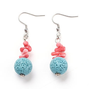 Natural Lava Rock Dangle Earrings, with Synthetic Gemstones, Alloy Spacer Beads and Stainless Steel Earring Hooks, Round, Sky Blue, 55~56mm, Pin: 0.7mm