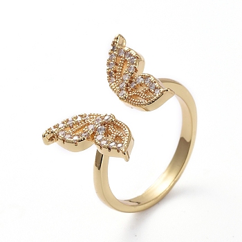 Adjustable Brass Cuff Finger Rings, with Micro Pave Cubic Zirconia, Butterfly, Clear, Golden, Size 7, 17.1mm