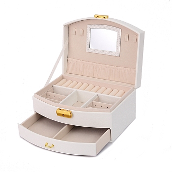 2-Tier Imitatoin Leather Jewelry Organizer Storage Drawer Boxes, with Mirror Inside, Rectangle, White, 20x16x10.5cm