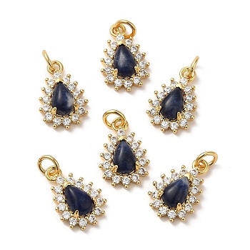 Natural Sodalit Teardrop Charms, with Rack Plating Brass Micro Pave Clear Cubic Zirconia Findings and Jump Ring, Cadmium Free & Lead Free, Real 18K Gold Plated, 13x8.5x4mm, Hole: 2.5mm