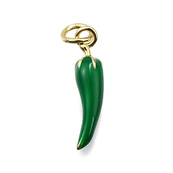 Brass Enamel Pendants, with Jump Rings, Long-Lasting Plated, Lead Free & Cadmium Free, Rack Plating, Chili Charms, Real 18K Gold Plated, Green, 18x4mm, Hole: 3.5mm