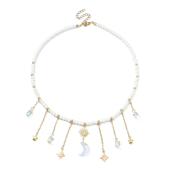 Brass  Moon & Star Charms Bib Necklace with Glass Beaded Chains, Golden, 15.47 inch(39.3cm)