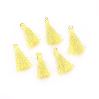 Polyester Tassel Pendant Decorations, with Golden Tone 304 Stainless Steel Findings, Yellow, 32~37x6x4mm, Hole: 4.5mm
