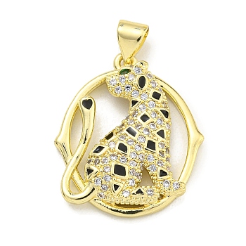 Brass Micro Pave Cubic Zirconia Pendants, Enamel Leopard with Ring Charms, Real 18K Gold Plated, 23x19.5x4mm, Hole: 4x3mm