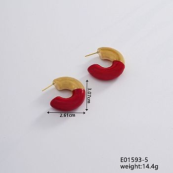 Vintage Retro Stainless Steel C-Shaped Stud Earrings for Women, Elegant and Stylish, Golden, Red, 30.7x26.1mm