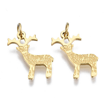 304 Stainless Steel Pendants, with Jump Rings, for Christmas, Christmas Reindeer/Stag, Real 14K Gold Plated, 15.5x12x1mm, Jump Ring: 3.8x0.6mm, 2.6mm inner diameter