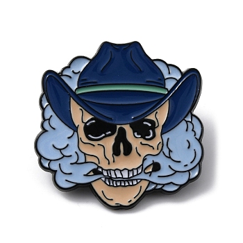 Halloween Alloy Enamel Smoky Skull Brooch Pins, for Backpack, Clothes, Blue, 30x30x1.5mm