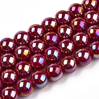 Electroplate Opaque Glass Beads Strands, AB Color Plated, Round, Dark Red, 8~8.5mm, Hole: 1.5mm, about 51~53pcs/strand, 14.96 inch~15.55 inch(38~39.7cm)