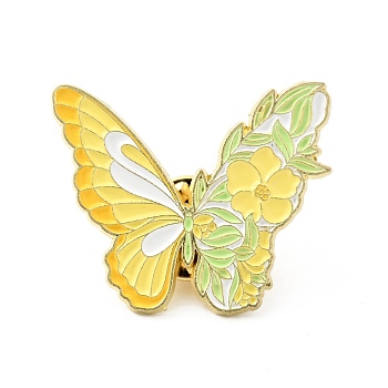 Flower Butterfly Enamel Pin, Gold Plated Alloy Badge for Backpack Clothes, Yellow, 25x30x1.5mm