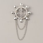 Naval Style Helm & Anchor Rhinestone Brooch for Men Women, Zinc Alloy Chain Lapel Pin for Backpack Clothes, Platinum, 78mm(JEWB-WH0030-01P)