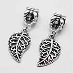Alloy European Dangle Charms, Leaf, Large Hole Pendants, Antique Silver, 29mm, Hole: 5mm(PALLOY-P120-13)