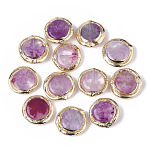 Natural Quartz Crystal Beads,  Edge Polymer Clay Golden Plated, Flat Round, 17.5~19.5x18~19.5x6~7.5mm, Hole: 0.8mm(G-T127-01)