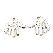 Tibetan Style Alloy Charms, Cadmium Free & Nickel Free & Lead Free, Hand Palm with Word Hand Made, Platinum, 12.5x13x1mm, Hole: 1mm(K095I021-P)