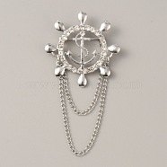 Naval Style Helm & Anchor Rhinestone Brooch for Men Women, Zinc Alloy Chain Lapel Pin for Backpack Clothes, Platinum, 78mm(JEWB-WH0030-01P)