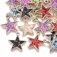 UV Plating Acrylic Pendants, with Imitation Leather inlaid Glitter Sequins/Paillette, Star, Mixed Color, Light Gold, 24x22x2.5mm, Hole: 1.8mm(PACR-R245-08)