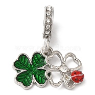 Rack Plating Alloy Crystal Rhinestone European Dangle Charms, Large Hole Clover & Ladybug Pendants with Green & Red Enamel, Cadmium Free & Nickel Free & Lead Free, Platinum, 27mm, Hole: 5mm(PALLOY-S189-26P)