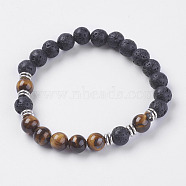 Natural Lava Rock Beads Stretch Bracelets, with Tiger Eye and Alloy Findings, 2-1/8 inch(55mm)(BJEW-I241-07)