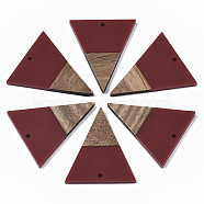 Resin & Walnut Wood Pendants, Triangle, Dark Red, 37x31x3.5mm, Hole: 1.8mm(RESI-T035-06D-A)