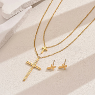 Stainless Steel Rhinestones Double-layer Cross Pendant Necklace & Stud Earrings Set for Women, Golden(LY3624)