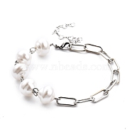 White Plastic Imitation Pearl Links Bracelets, with Iron Paperclip Chains and 304 Stainless Steel Lobster Claw Clasps, Stainless Steel Color, 8-1/8 inch(20.6cm)(X-BJEW-JB05445-01)