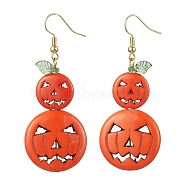 Dyed Synthetic Turquoise & Glass Dangle Earrings, Halloween Pumpkin Long Drop Earrings, Coral, 60x24.5mm(EJEW-TA00430)