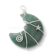 Natural Green Aventurine Copper Wire Wrapped Pendants, Moon with Star Charms, Platinum, 44.5x35x11.5mm, Hole: 4mm(PALLOY-JF02686-03)