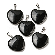 Natural Obsidian Pendants, Heart, with Brass Findings, Platinum, 22~23x20~20.5x6~7.5mm, Hole: 5x8mm(G-G956-B77-FF)