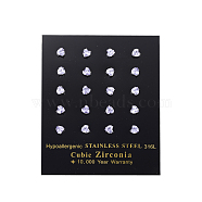 Cubic Zirconia Ear Studs, with 304 Stainless Steel Bases, 316 Surgical Stainless Steel Pin, Grade AAA, Heart, Purple, 3x3mm, Pin: 0.8mm(EJEW-E098-H-02)